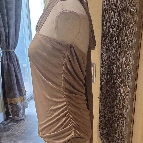 Moda International Taupe Gold Ruched Halter with Extra-Long Convertible Tie - Picture 3 of 5